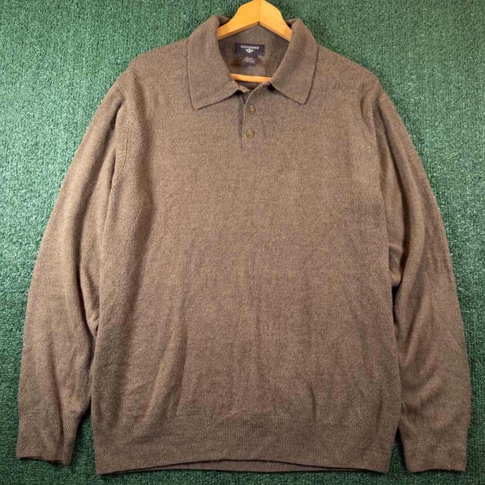 Dockers Polo Sweater Mens XL Brown Good Long Sleeve Diamond Knit Acrylic